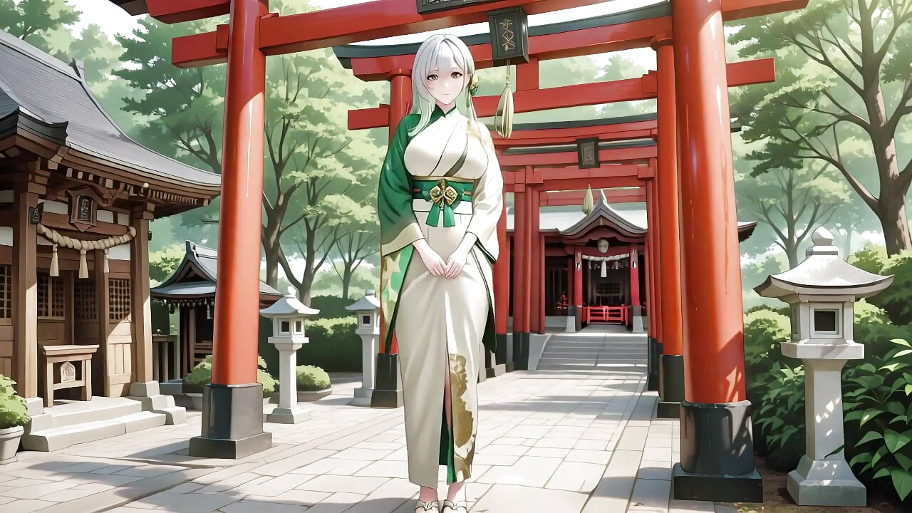 Ασημένια μαλλιά Shrine Maiden Μυστικά! Νωχελικά ξαπλωμένη σε έναν κόκκινο διάδρομο, με τους γυμνούς ώμους και τους πλούσιους μηρούς της εκτεθειμένους
