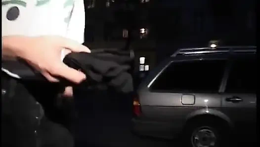 Blonde teen wearing nylon shaving her pussy while two guys jerking on her