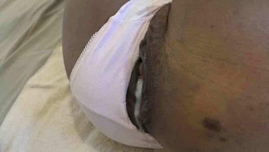 Ebony in panties creampied by white cock