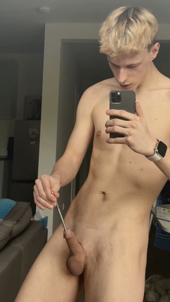 blonde boy sounds his german cock with a ribbed sounding dilator
