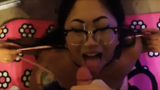 Asian sucking the cum out of his cock and taking facial