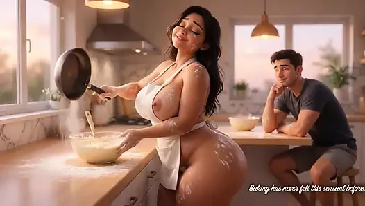 Curvy Latina bakes naked under tiny apron while her young stepson watches every move (AI generated)