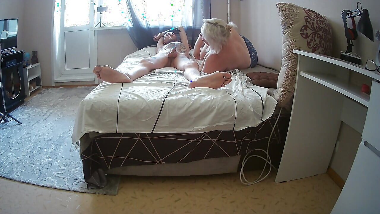 Naked mother-in-law with big tits sucks and jerks off my cock until cum fills her mouth