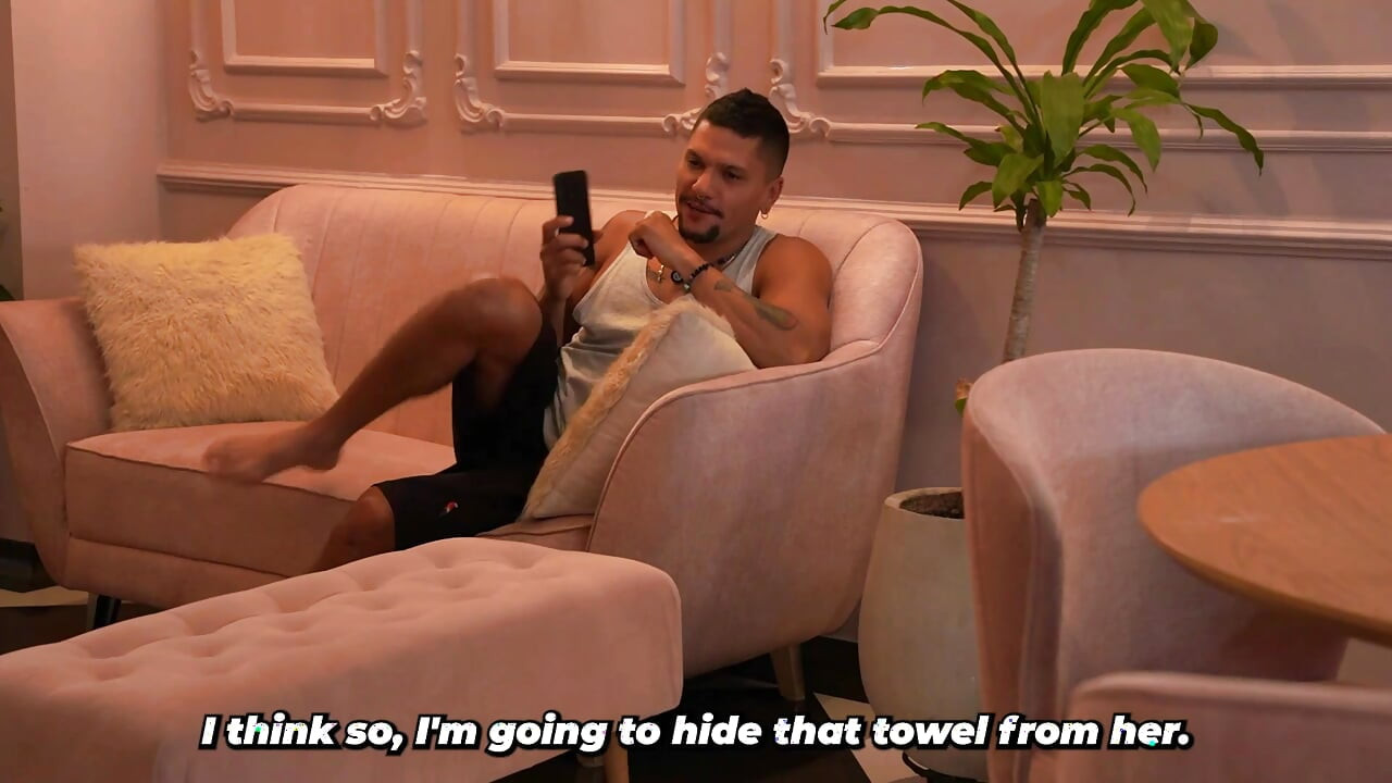 A busty blonde walks out of the bathroom naked after her stepbrother plays a prank on her with the towel