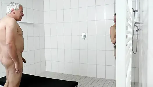 Stunning brunette enjoying in threesome fuck indoor and outdoor