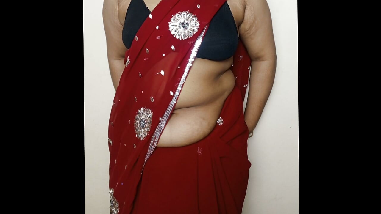 Linda Rapariga em Sari Vermelho com Peitos Grandes a Apertar - Vídeo Quente Indiano Desi