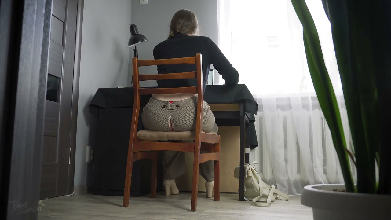 Peeking at Secretary Working in Ripped Pants