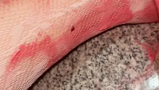 Playing with a whipped cream with my legs in white stockings