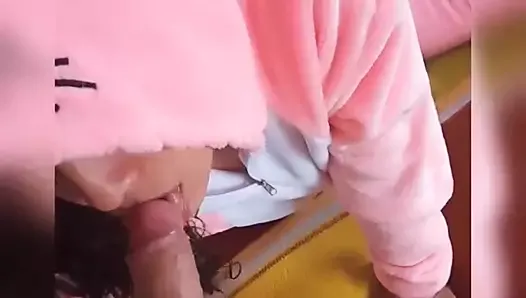 My stepsister in pink pajamas wants cock in her mouth and ass