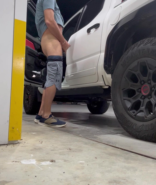 Risky jerk off gas station public outside