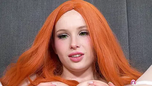 Horny slutty redhead Arielka fingers her shaved pussy and enjoys it with a sex toy.