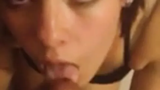Chicks sucks the big cock and takes the load in her mouth
