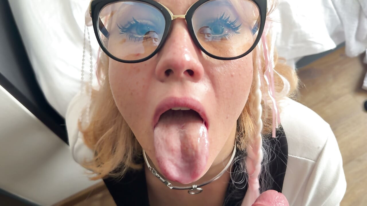 Manga Style Horny Wife in White Dress, Pink Ponytails and Glasses Suck my Cock in a Hotel Room