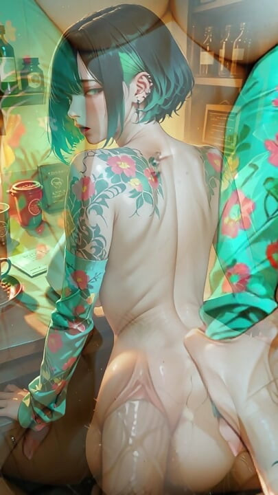 Turquoise-haired, huge tits anime waitress gets fucked by a client - AI-generated content