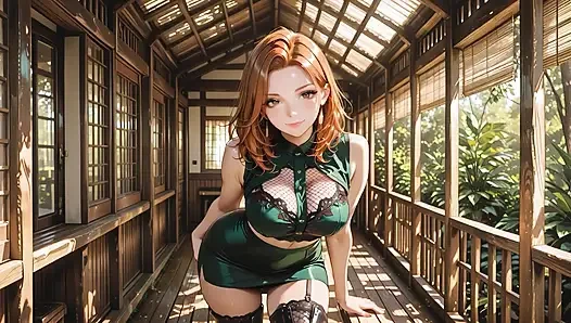 Verführerische rothaarige in grüner spitze Glänzende stiefel spreizt sich weit für tiefen creampie im japanischen tatami Room - tropft sperma über netzstrümpfe!