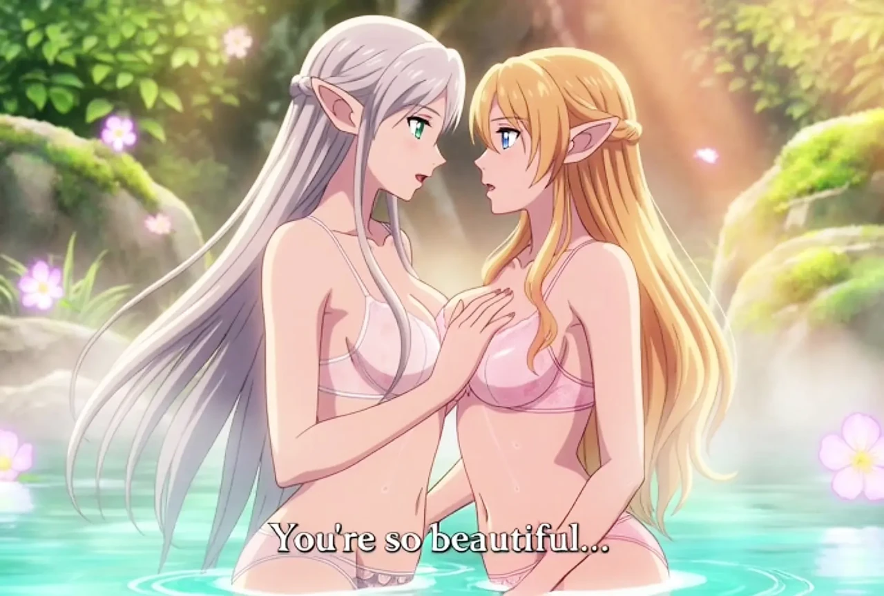 Two beautiful lesbian elves share an intimate night in a magical hot springs