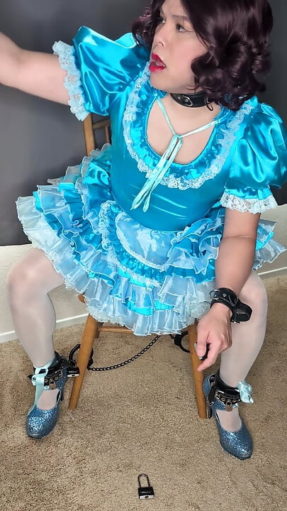 Satin Sissy Maid Riding Her Sex Doll in Chastity and Cuffs