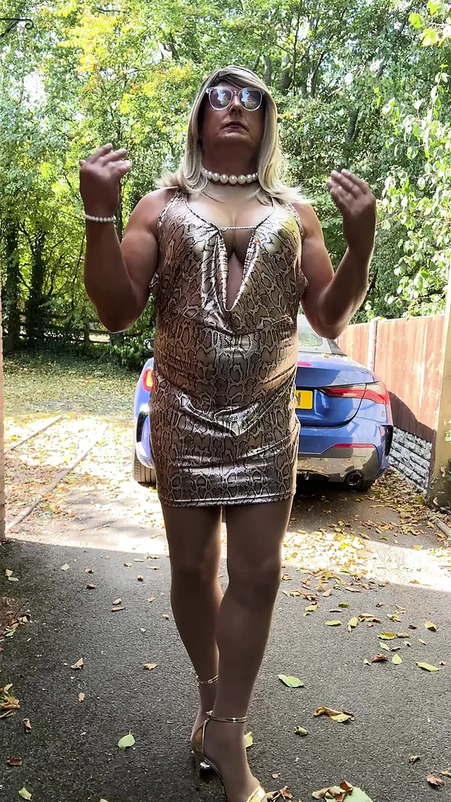 Sexy Crossdresser kellycd2022 in gold leopard print dress tan pantyhose and heels s