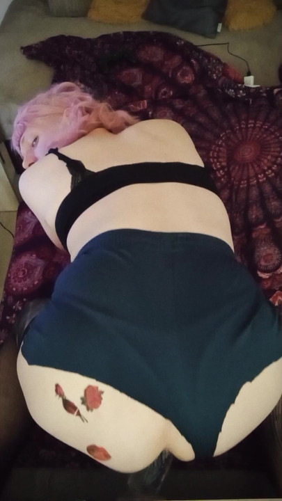 Cute tranny riding big dildo