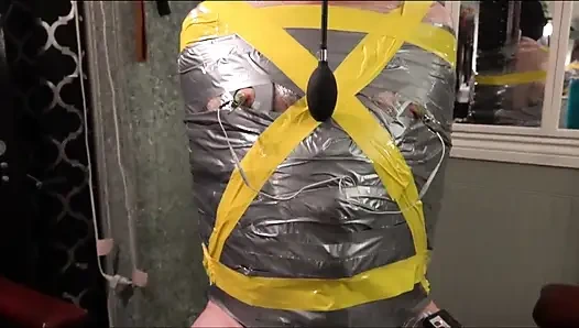 Electro Nipple and Cock Shocks in Duct Tape Bondage