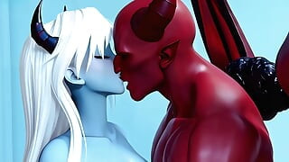 Awek syaitan biru dan lelaki red devil, blowjob sempurna, 3P, berbilang orang