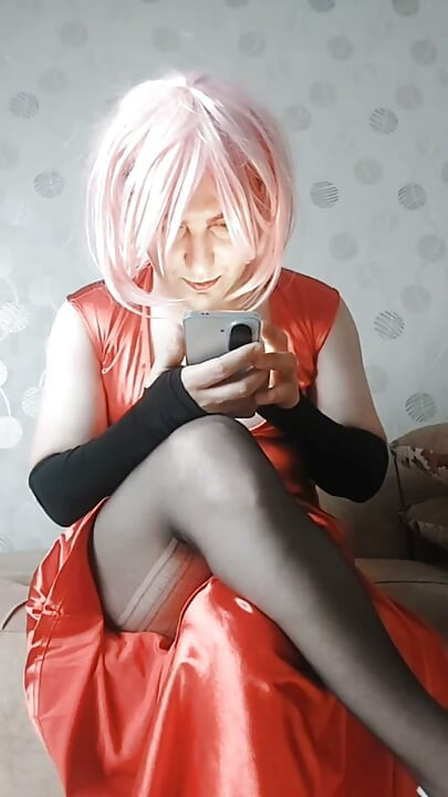 Pinky Wig, Red Dress, Black Tights and a White Femboy