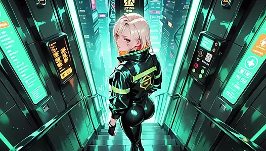 Neonregen-nacht! Blonde Agentin in nassem leder kauern niedrig, holografie, glow & cold glances.
