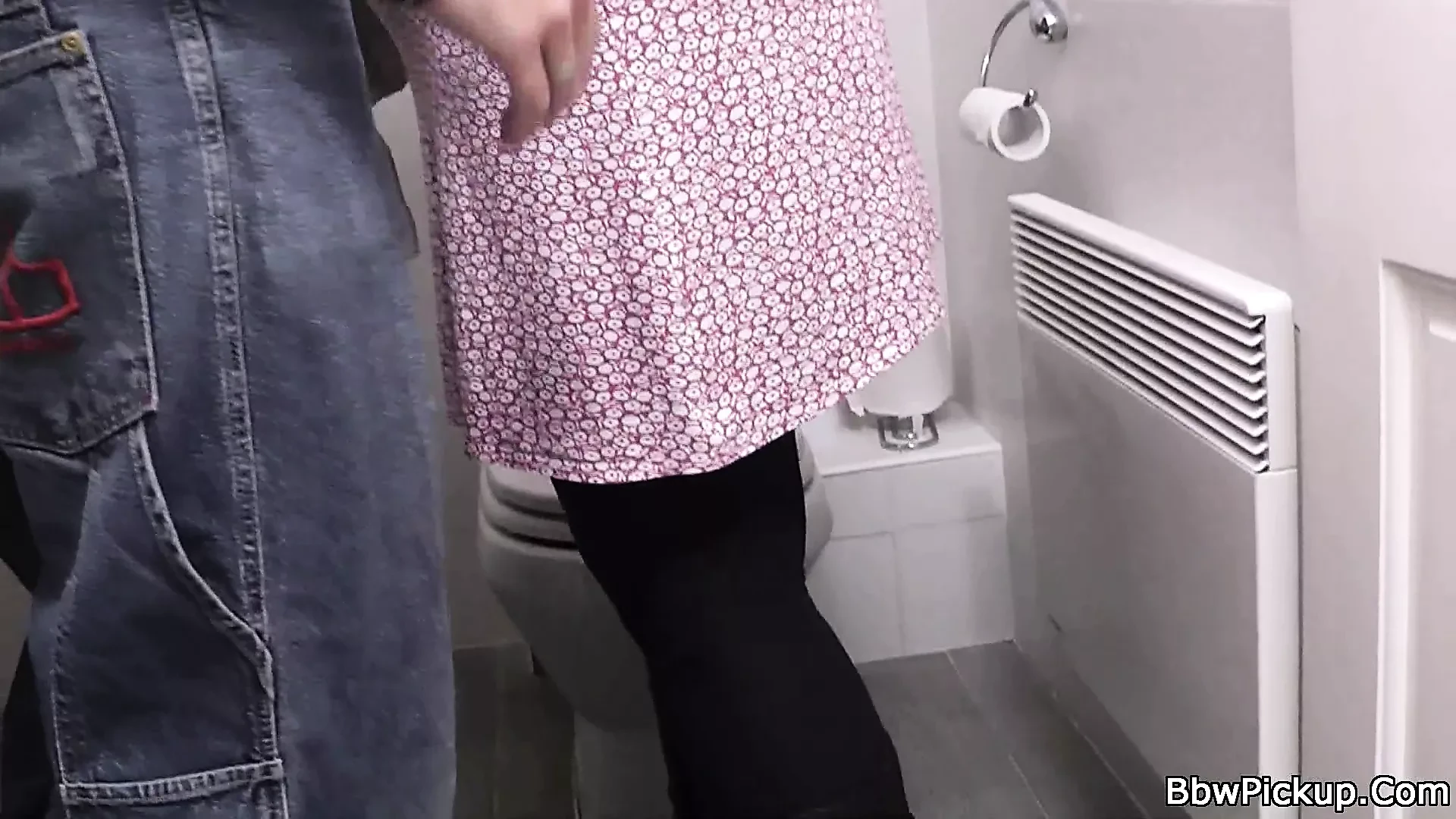 Big tits plumper rides his cock in the restroom