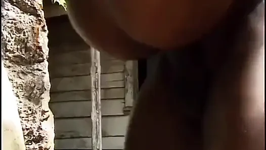 Horny ebony lifeguard gets fucked doggy style on a bench