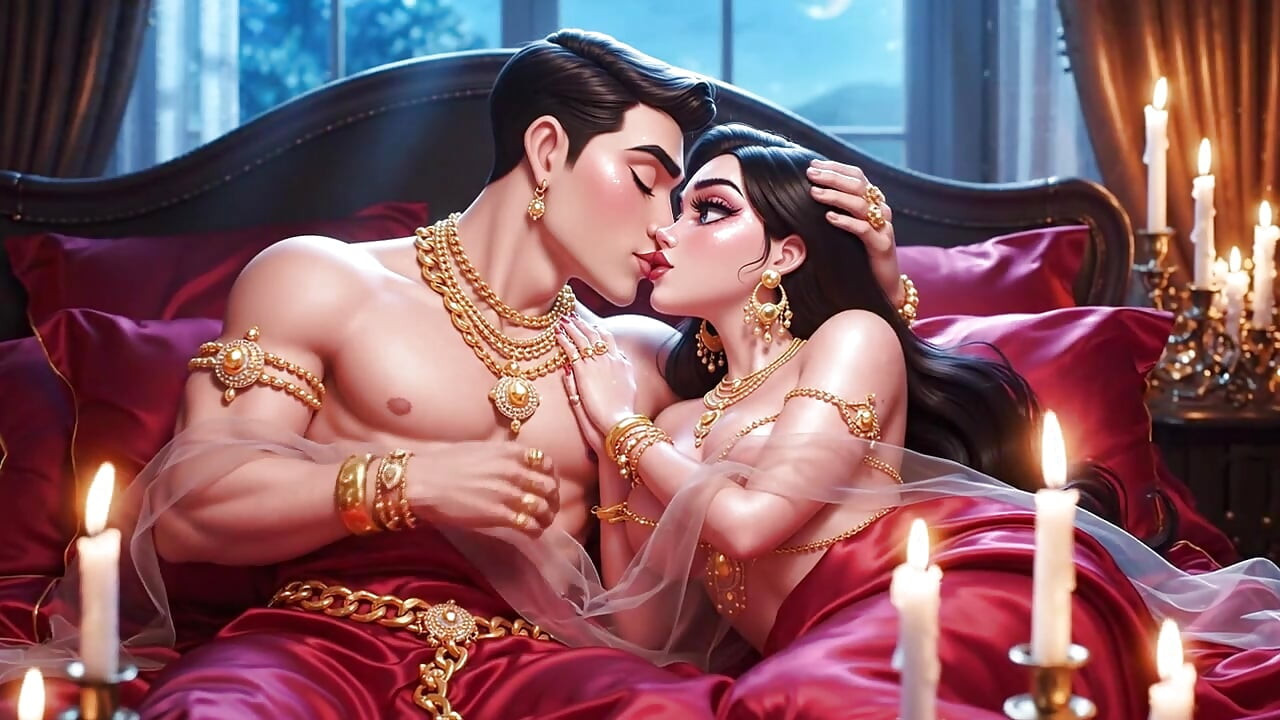 Lãng mạn tưởng tượng khiêu dâm - cặp đôi trang sức vàng hôn sâu & chơi trên giường
