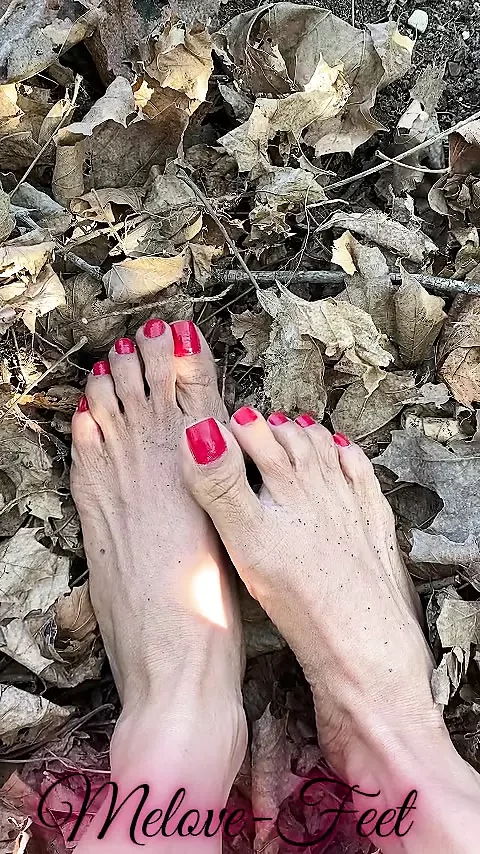Melove Sexy Small Feet with Red Toe Nails in Leaves