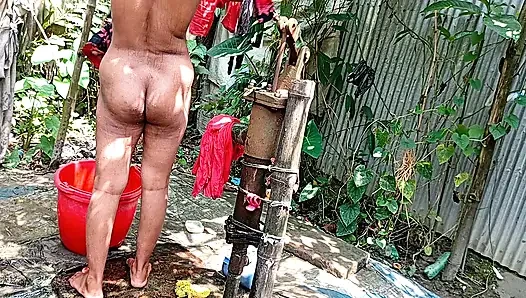 I fucked my village stepsister outside while she was taking a bath.