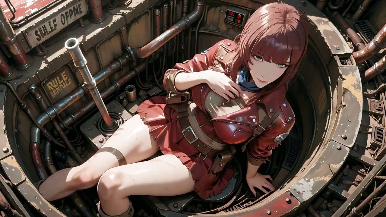 Tight Leather Suit Hugging Her Perfect Hips. She Lounges on the Broken Train Car, Hand Stroking Armor, Eyes Hazy yet Fierce.