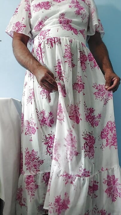 I'm dancing while masterbating in my Pink flowers Silk Seethrough Chiffon Frock