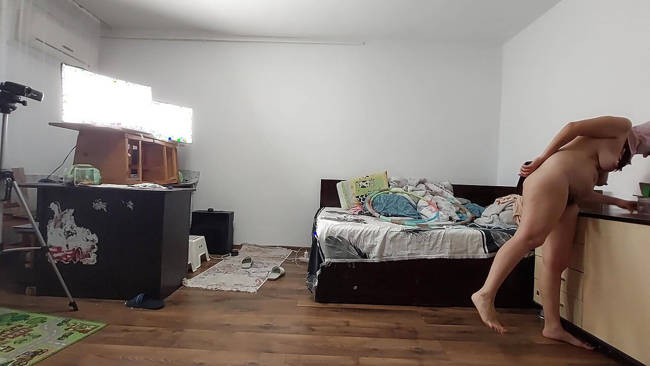 Sexy wife workout at home naked. Sexy brunette tries on pantyhose, hairy pussy, big ass, big tits.