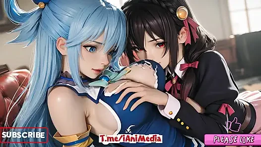 Konosuba soft show'dan sfw aqua ve yunyun lezbiyene dokunuyor ve öpüşüyor