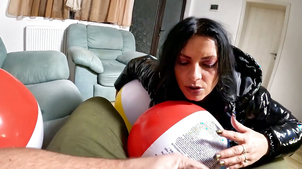 Glossy Downjacket MILF Beach Ball Fetish. Deepthroat, Popping, Riding and Double Cum