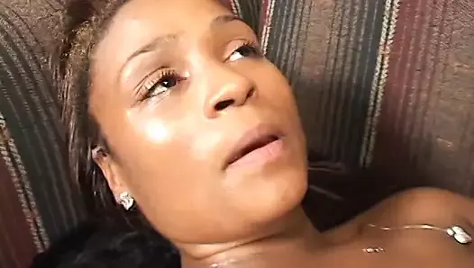 Ebony babe gets hot cum after fucking a black dick on the sofa