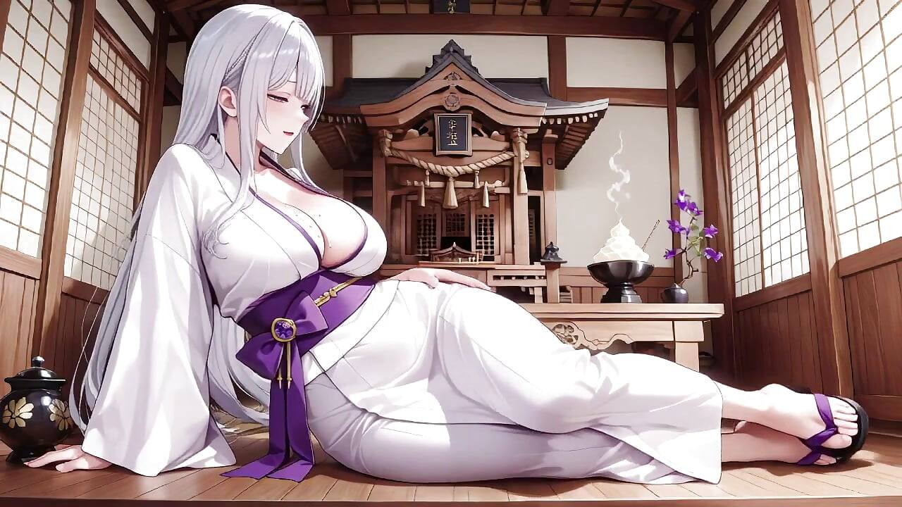 Srebrnokosa Miko Svete tajne! Polu otkopčan beli kimono, poze za klečanje i intenzivan kontakt očima.