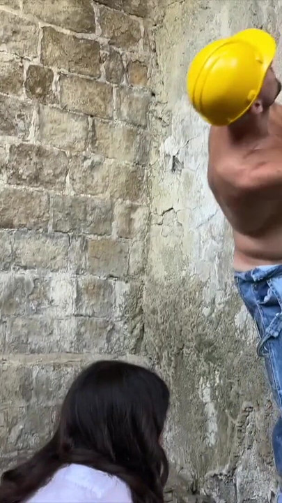 Emotional moment from "Three workers persuade a fragile inspector to fuck. Katty West + DisDiger, Falcon Al and Kit Belove"