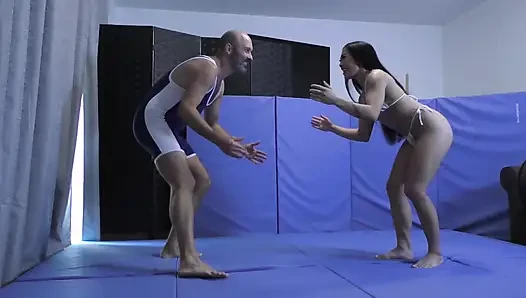 Petite with Power Kiara Star Dominates Male in Wrestling