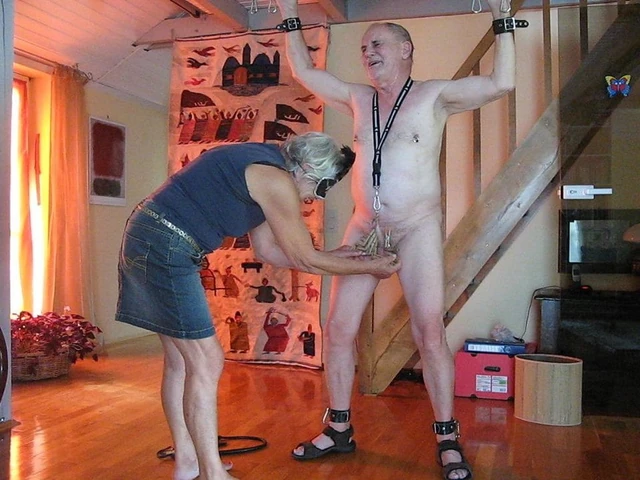 Clothpinns on cock and balls lady whipps them