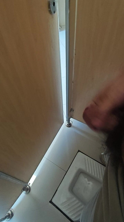 Public Toilet Door Open Masturbation - Risky Cumshot Outside