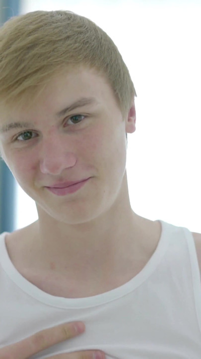 Cute blonde teen Liam jerks his dick off while fucking a toy