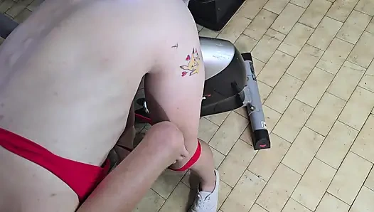 Cute 19 Year Old Blonde Riding Excersize Bike with Massive Dildo