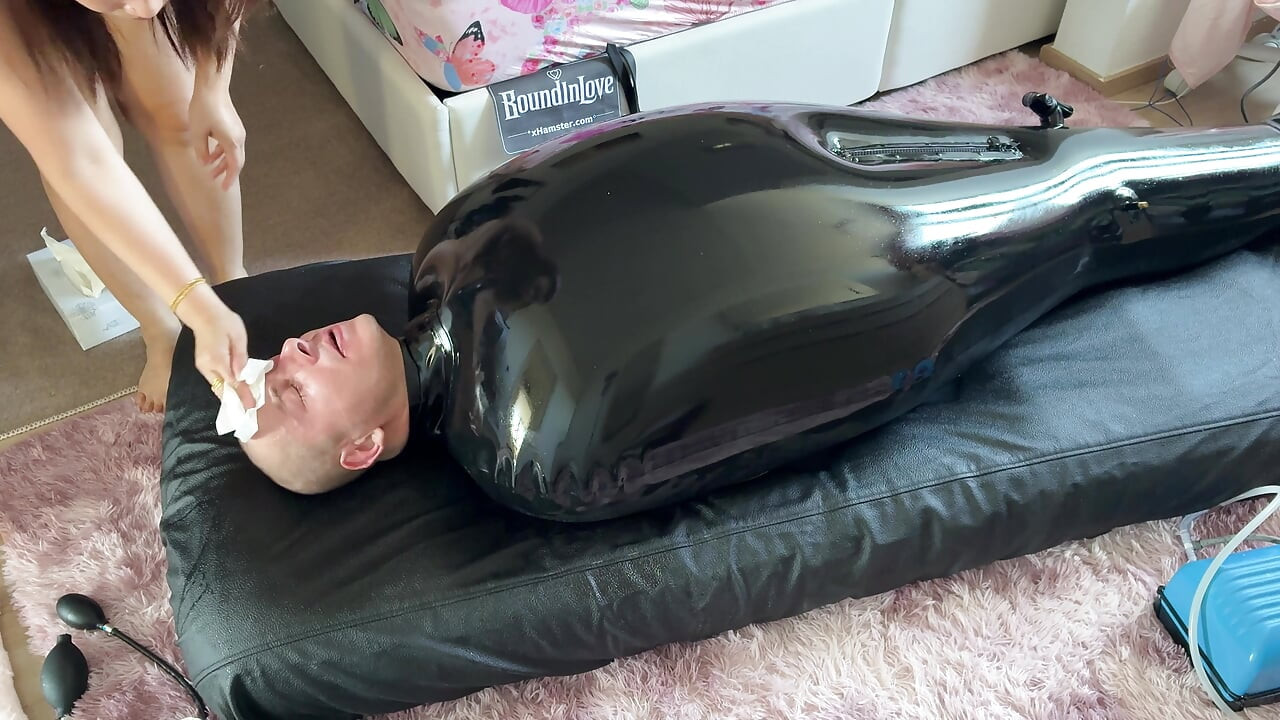 Wife drives her husband crazy with ESTIM in Inflatable Full Body Latex Bondage Bag - Exreme Edging. Restricted Breathing Gagged