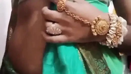 Indian Crossdresser Bottom Gaurisissy Pressing and Playing with Her Big Boobs in Blue Saree Real Homemade Sex