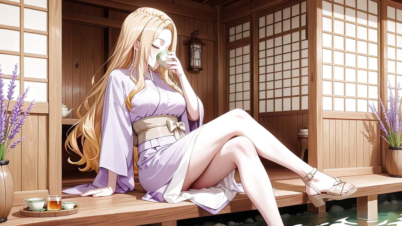 Blonde in Lavender! Kneeling barefoot under the red Torii gate, her andouf fluttering in the breeze.