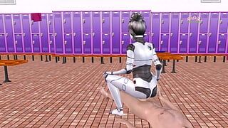 Une vidéo porno animée de dessin animé en 3D - une sexbot robot fait des poses sexy puis chevauche une bite d’homme en position de cheval renversé.