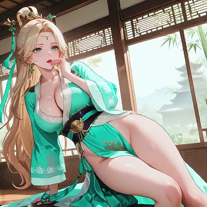 The Lazy Secret Under the Teal Robe, Sunlit Bathroom She Lies Sideways Gazing at You, Fingertips Touching Tender Breasts.